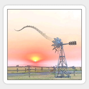 Farm Scene at Sunset with Windmill Playing Guitar Sticker